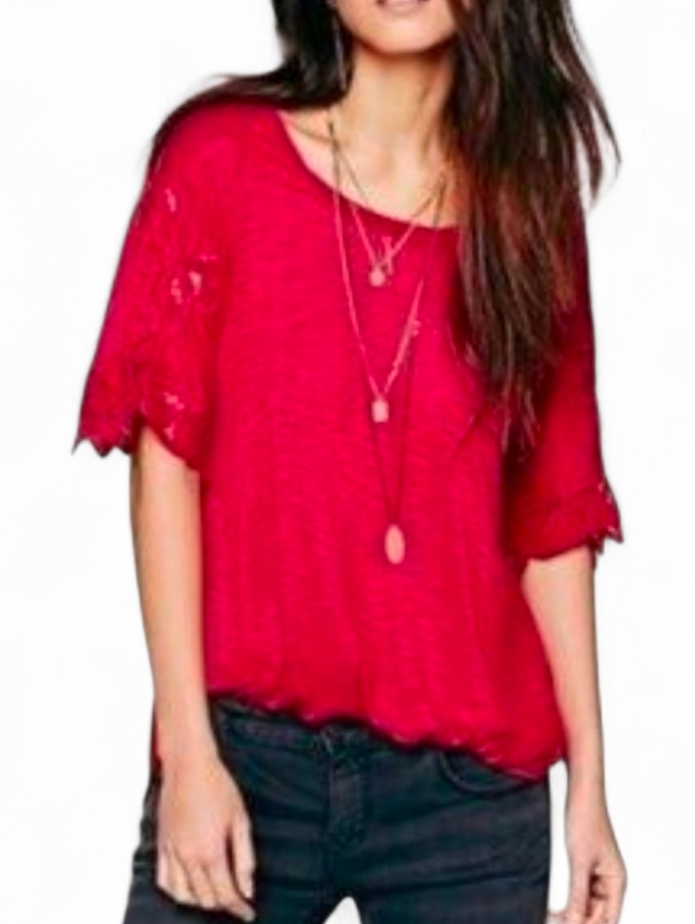 FREE PEOPLE Dark Boho Pink Lace Sleeve Scoop Neck Top - Medium